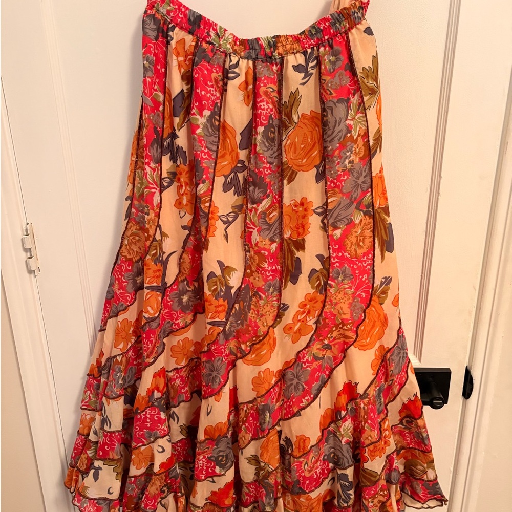 Floral Tiered Maxi Skirt - Beige with Orange & Pink Floral